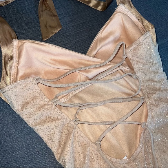 Gold Sparkle Glitter Shimmer Floor Length Gown Dress w. Halter, Lace-Up Back - Picture 12 of 12